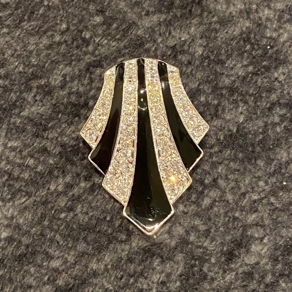 Vintage Avon Art Deco Style Scarf Slide Silver Tone Metal Black Rhinestones - Picture 1 of 6